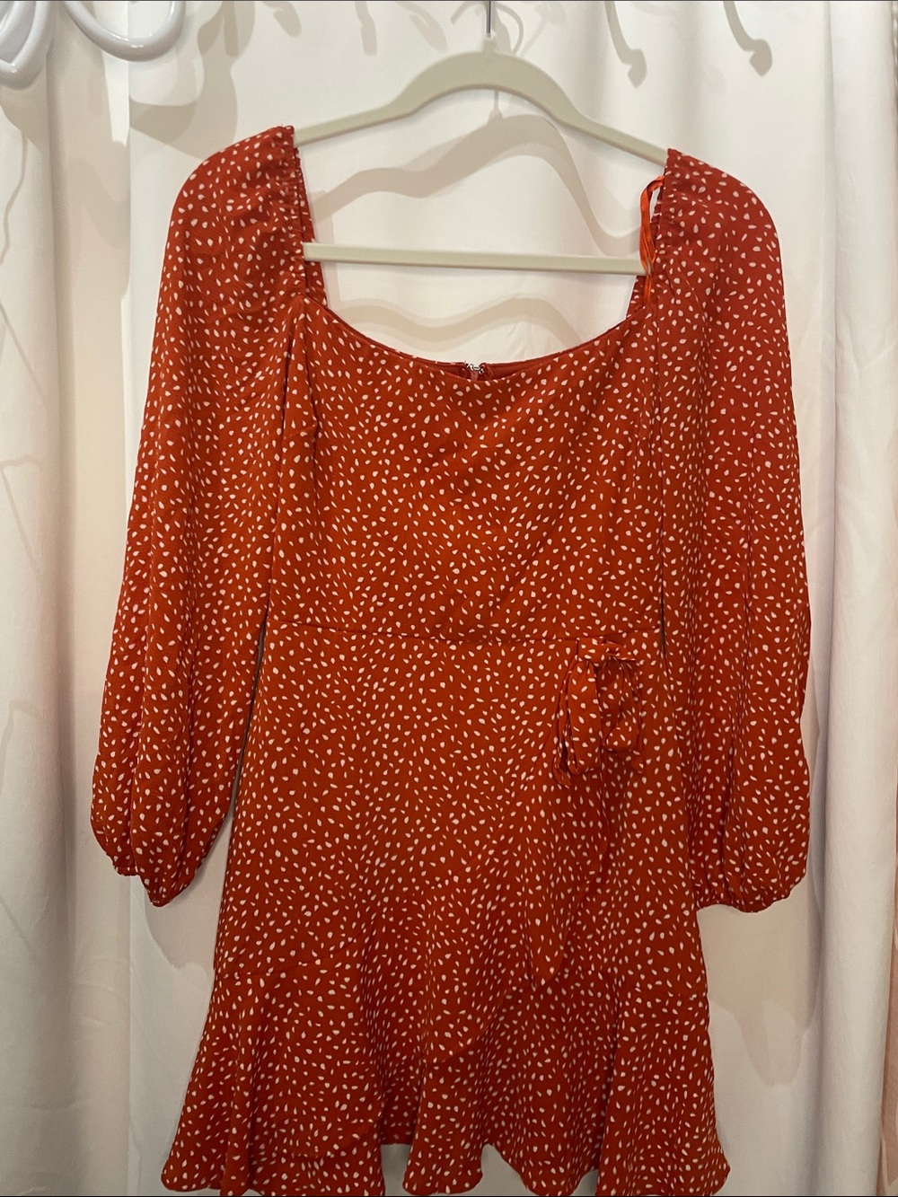 Red Long-Sleeve Mini Dress with White Dot Print